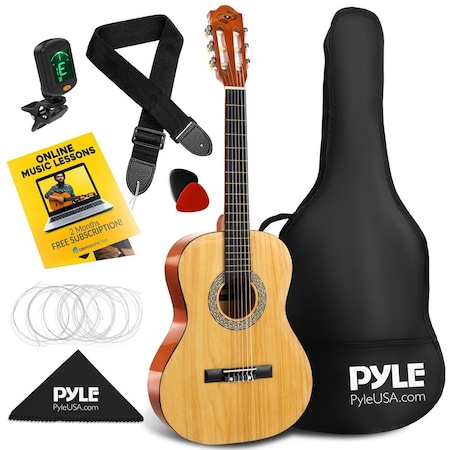 Pyle 36'' -Inch 6-String Classical Guitar - Guitar with Digital Tuner & Accessory Kit, (Nature Color) PGACLS82LFT